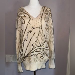 Vintage 80's Oversized Lillie Rubin Cream & Gold Sequin Sweater Size P or Small